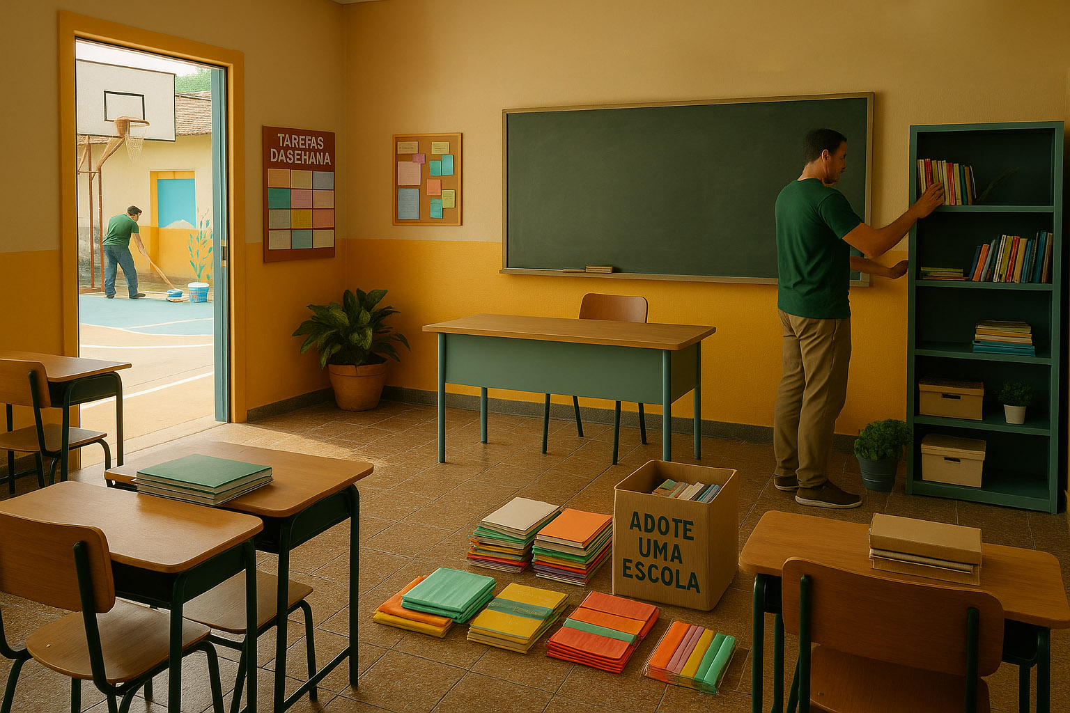 Ação comunitária incentivada pelo projeto Adote uma Escola da Associação Verde Esperança, com destaque para mutirões, doações e voluntariado.