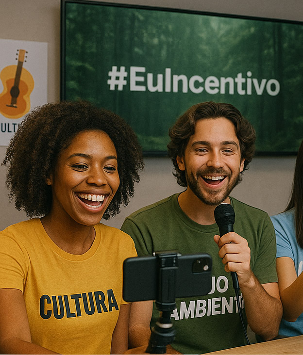 Representação das soluções do projeto Eu Incentivo da Associação Verde Esperança, como vídeos, campanhas digitais e parcerias com influenciadores.