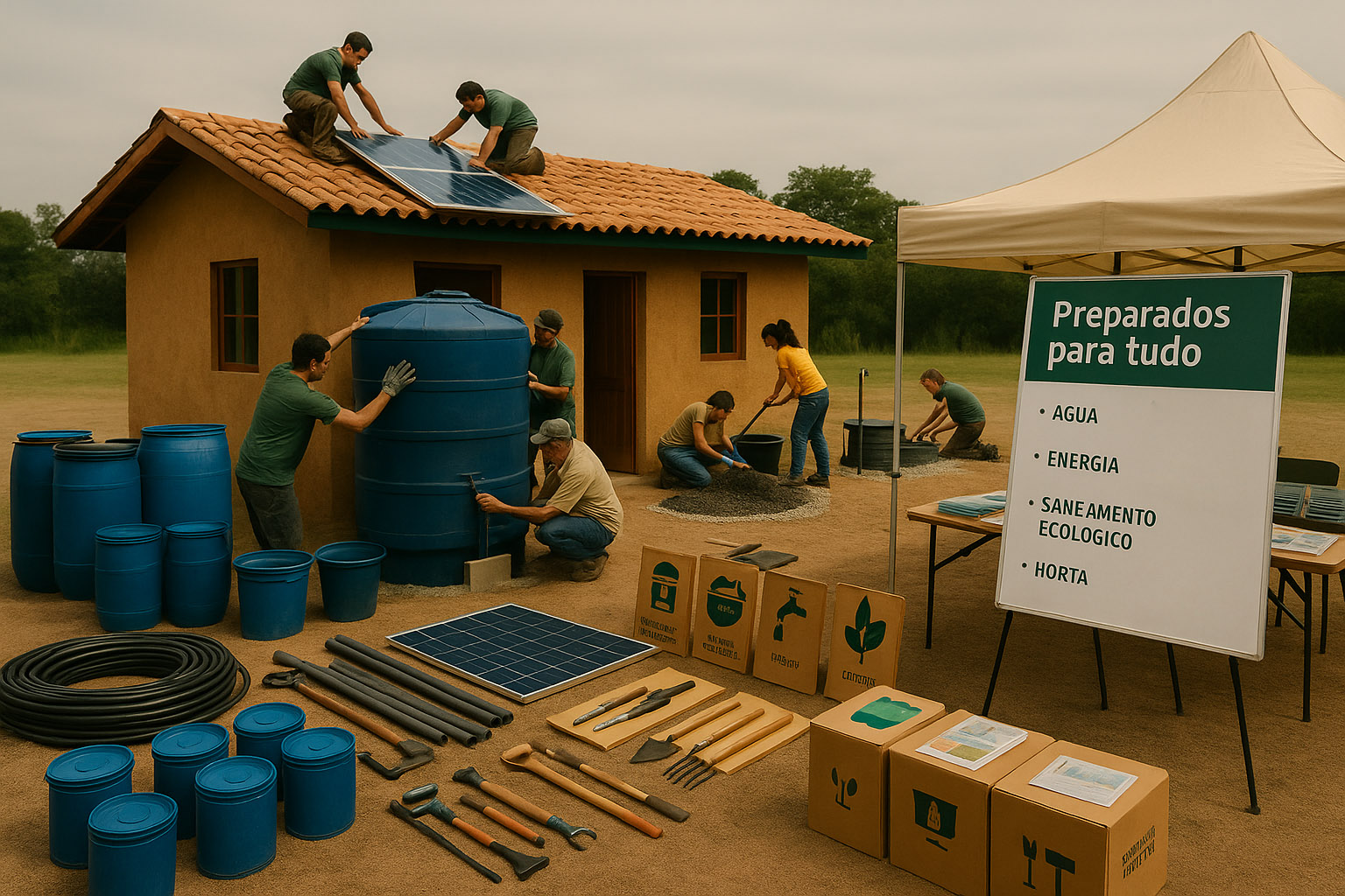Soluções sustentáveis desenvolvidas pelo projeto Preparados pra Tudo da Associação Verde Esperança, como bioconstrução, bioenergia, saneamento ecológico e hortas resilientes.


